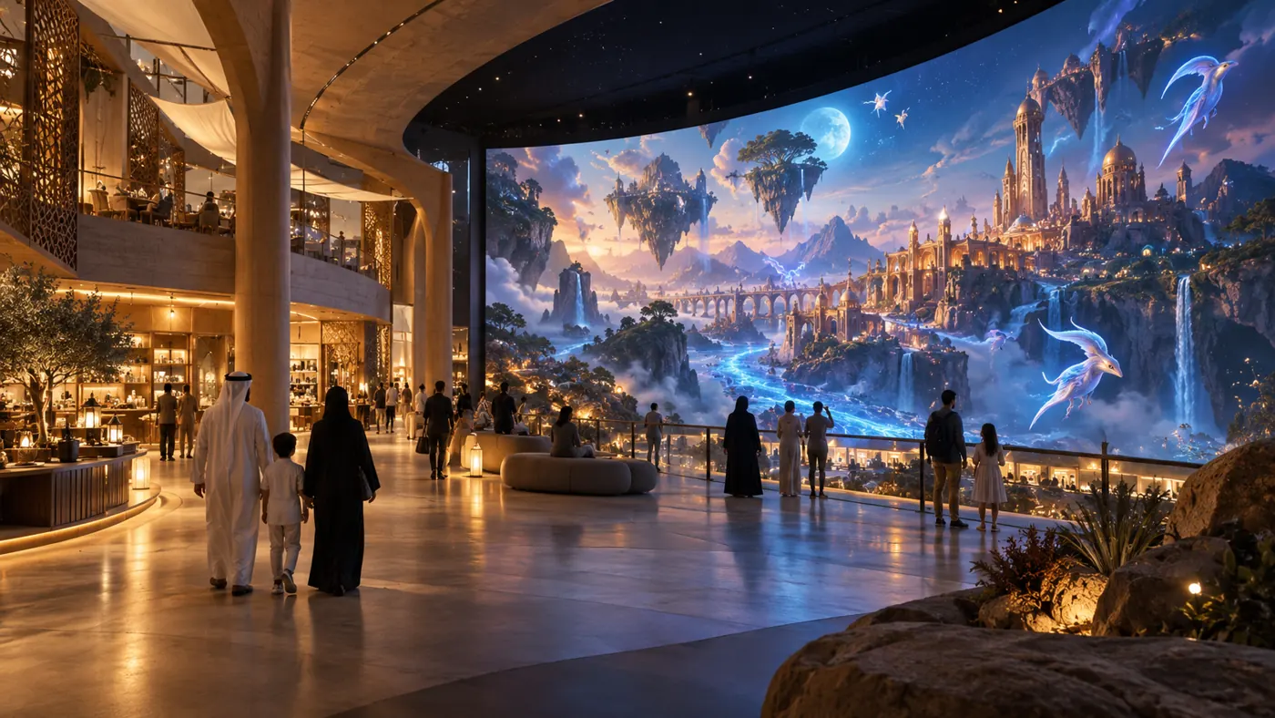 Illustrative concept of a GCC entertainment venue with an original RPG-inspired digital world