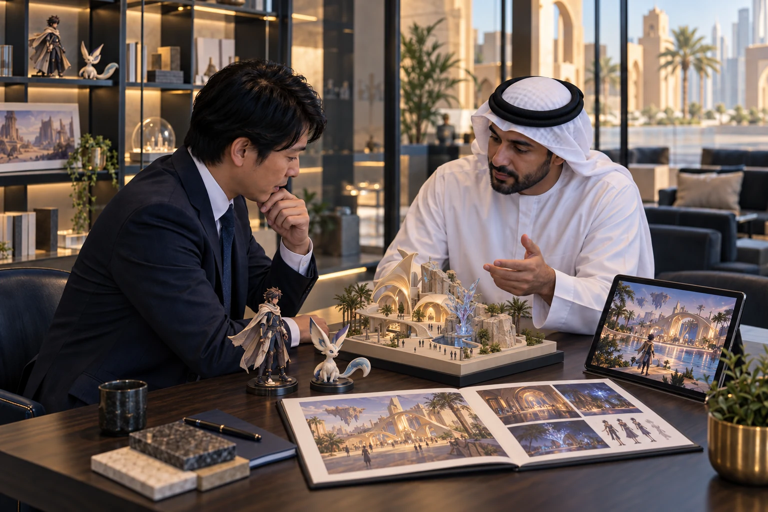 Concept image of Japanese and Gulf partners exploring an original game and visitor-experience idea.