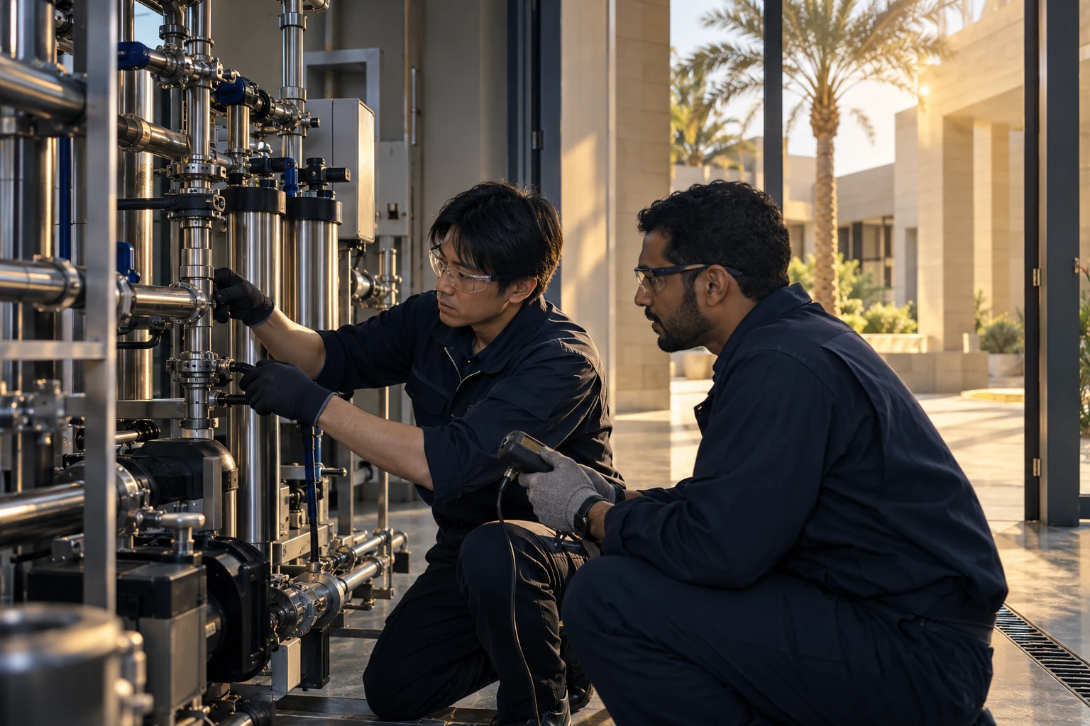 Concept image of Japanese and local technical specialists commissioning building equipment.